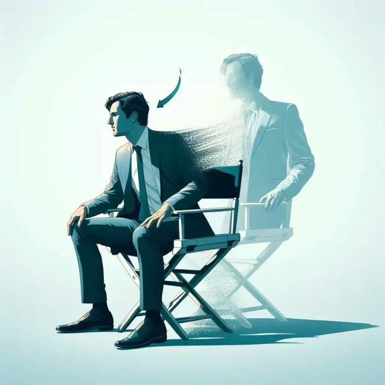A director in a movie director's chair morphs into a businessperson in a suit mid-transformation to represent a screenwriter transitioning into the producer role.