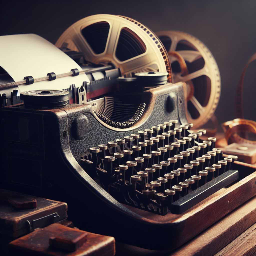 A WW2-era typewriter clicks away on scripted dialogue with a film reel threaded through its roller, nostalgically evoking old Hollywood ghostwriting.