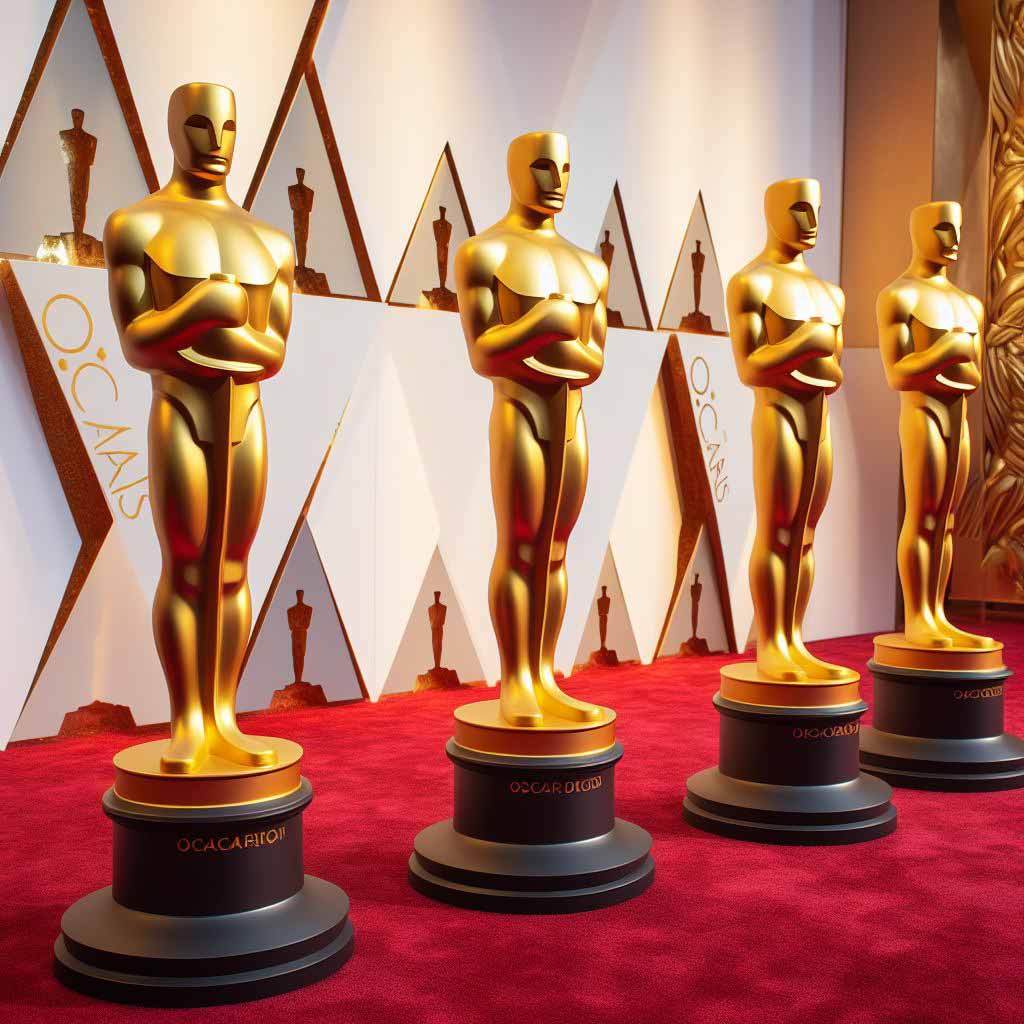 Row of four Oscar statues on a red carpet background