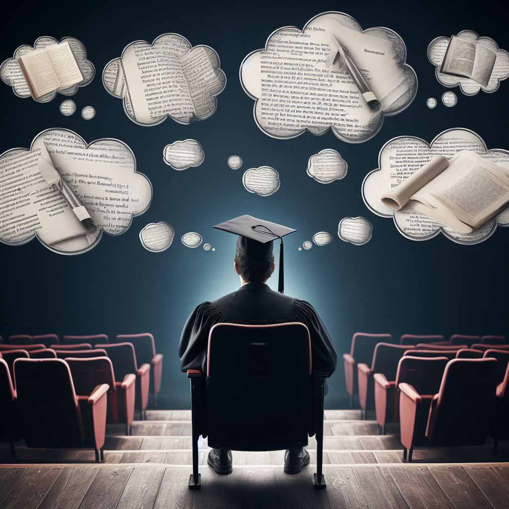 A graduate wearing a cap and gown sitting in a theater seat with thought bubbles of literary analysis notes surrounding them.