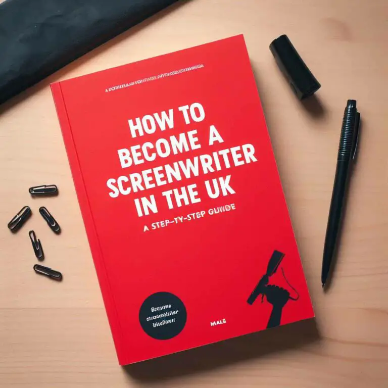 A red notebook with a pen on top. The notebook cover title reads "How to Become a Screenwriter in the UK: A Step-By-Step Guide."
