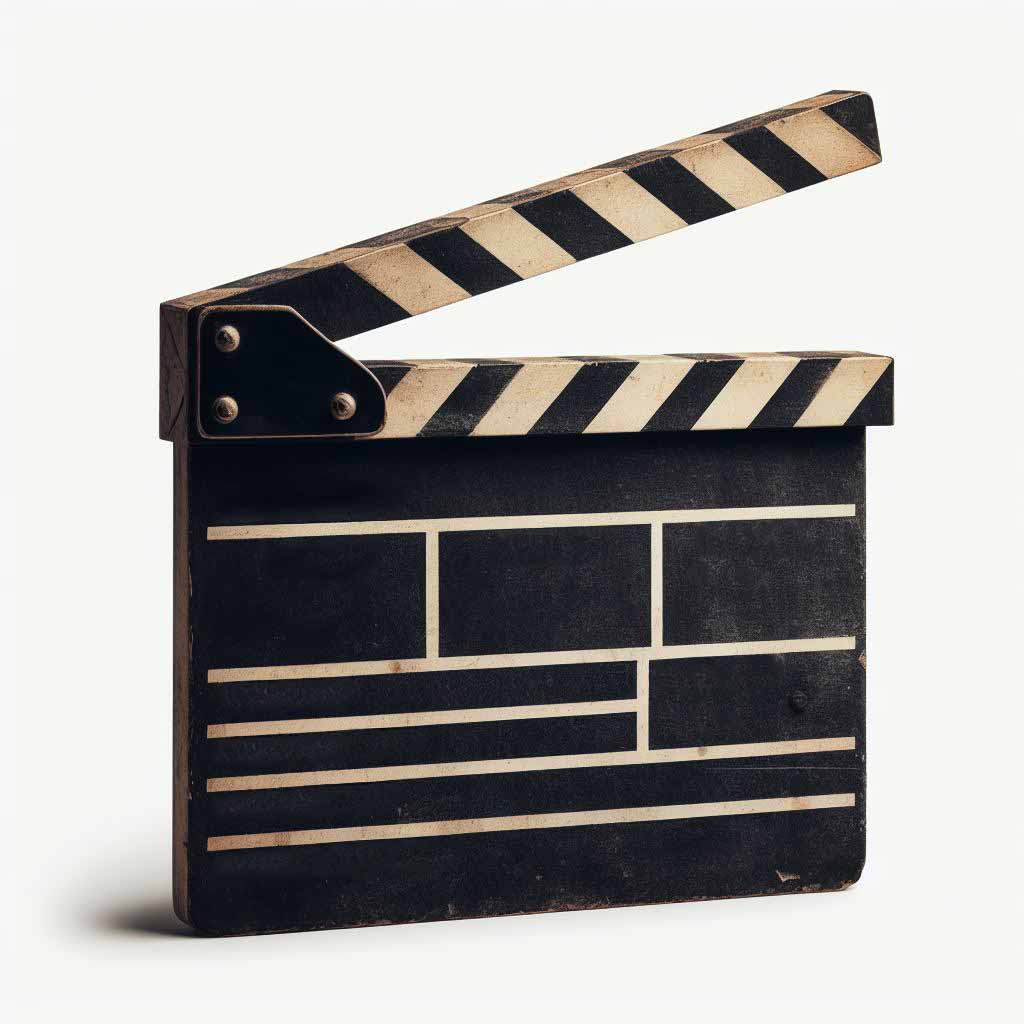 A vintage clapperboard used in film production, representing the business side of Hollywood.