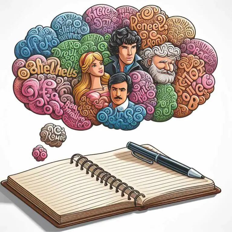 A thought bubble floats above a notebook and pen sitting on a desk. Inside the thought bubble are the names of famous fictional characters like Sherlock Holmes, Cinderella, Romeo, and Barbie swirling around.