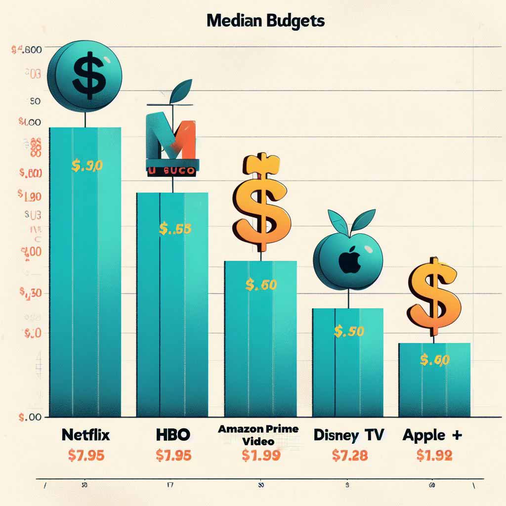 An infographic table with logos for major streaming platforms. Each column shows median budgets spent for obtaining original scripts and content. Netflix is highlighted with the highest budget dollar amount.