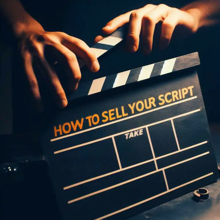 Close up photo of a movie director's clapperboard about to snap shut on a film set, with text overlay reading "How to Sell Your Script"