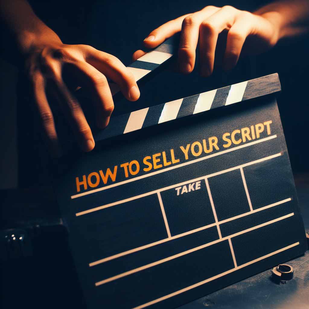 Close up photo of a movie director's clapperboard about to snap shut on a film set, with text overlay reading "How to Sell Your Script"