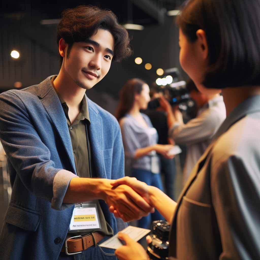 People shaking hands and exchanging business cards while networking at a film industry event.