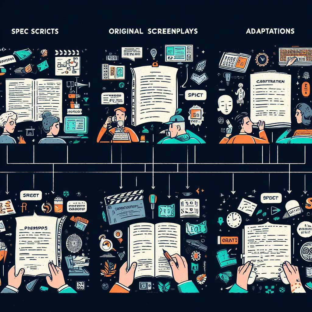 An infographic visualizing the different options for writing spec scripts, original screenplays, adaptations, and more. Relates to types of screenplays.
