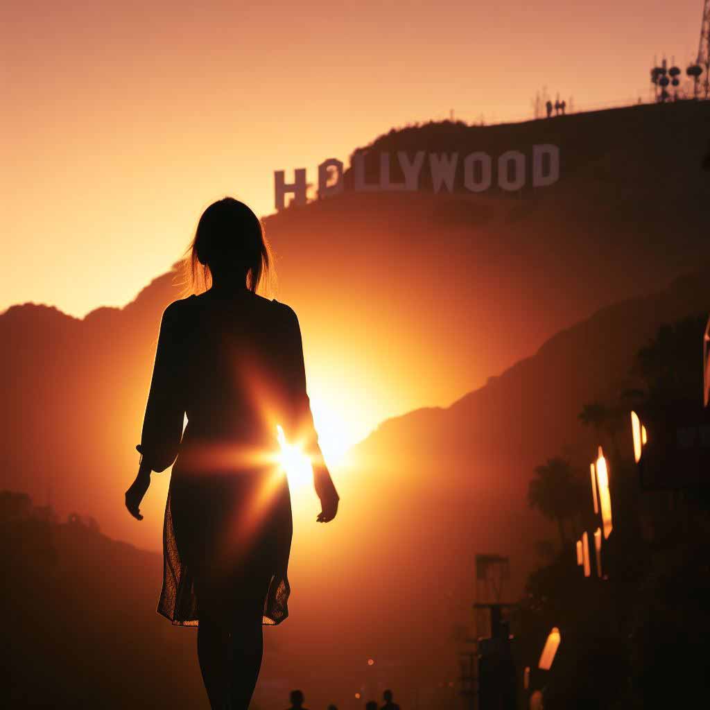 Low angle view of silhouette walking toward Hollywood sign at sunset