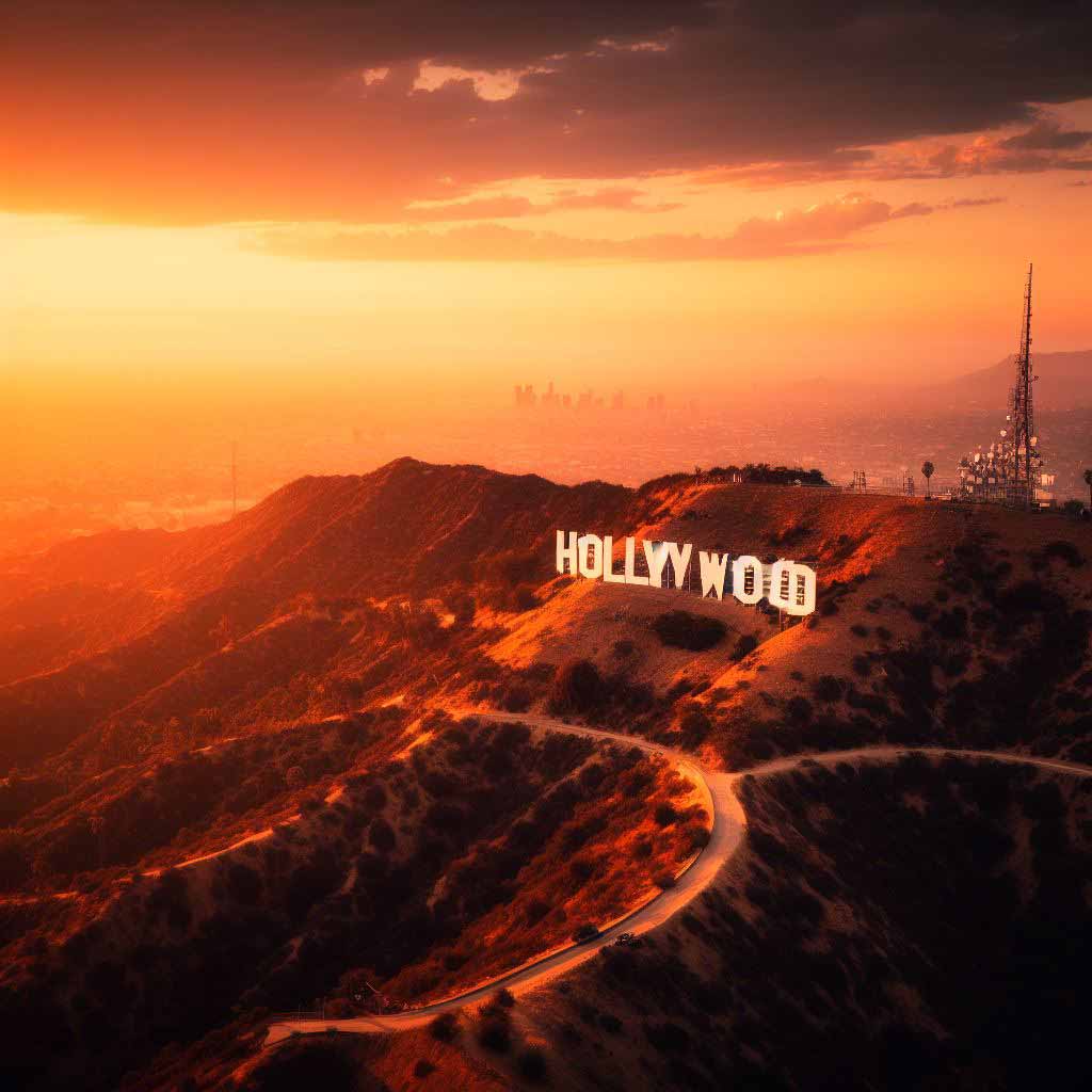 The landmark Hollywood sign overlooking LA representing show business dreams