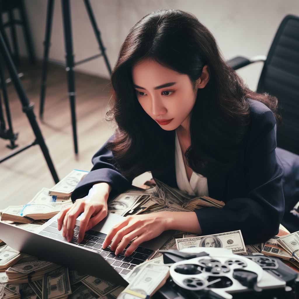 A focused female screenwriter typing intensely on her laptop which sits atop a messy pile of US dollar bills and 35mm film reels. She looks inspired yet determined while creating her latest script.