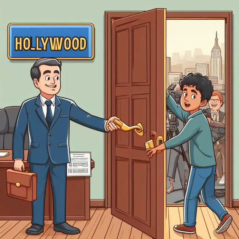 A businessman in a suit uses a key to unlock a large, ornate doorway labeled "Hollywood" in stylized letters. Behind him, a young woman in casual clothing and glasses smiles excitedly, eagerly awaiting to walk through the now-unlocked doorway representing opportunities in the entertainment industry.