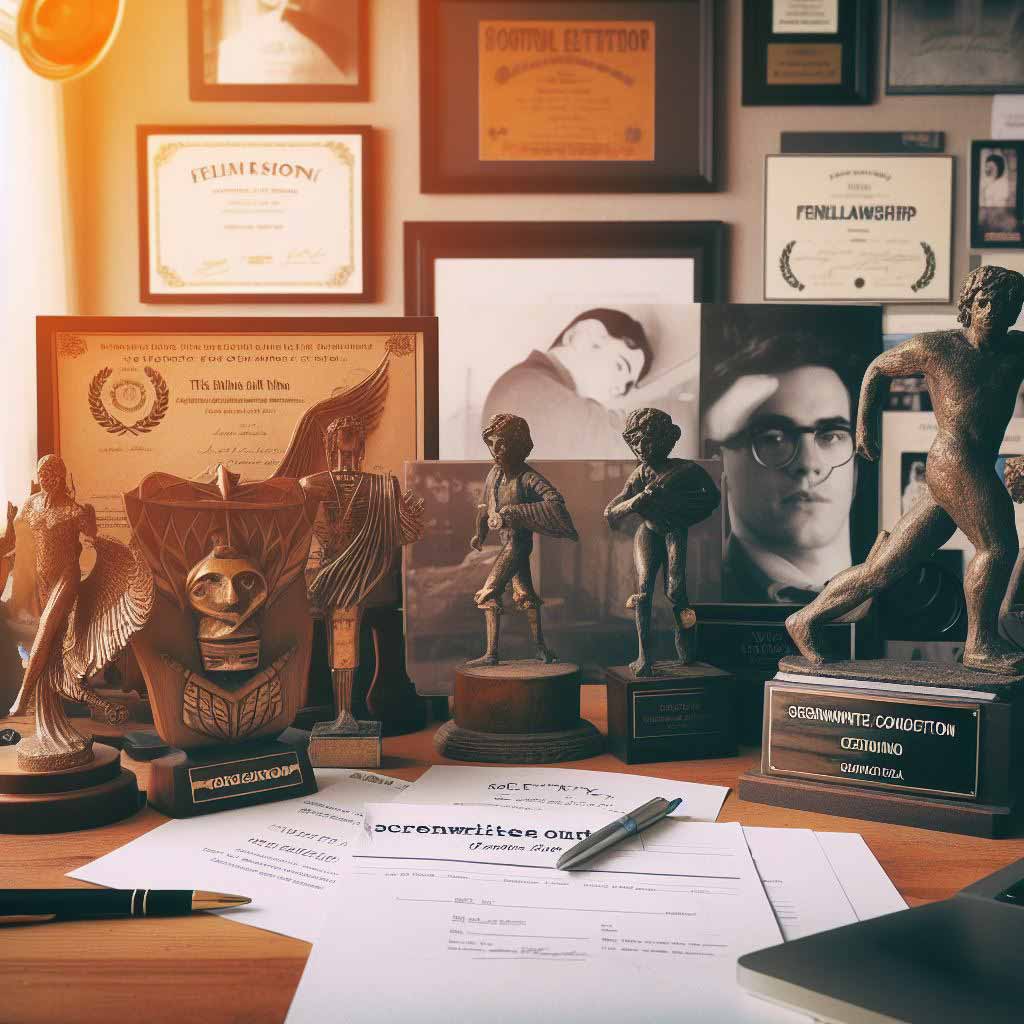 Collection of screenwriting success items - trophies, certificates
