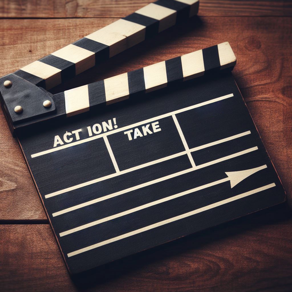 Clapperboard with arrow pointing forward