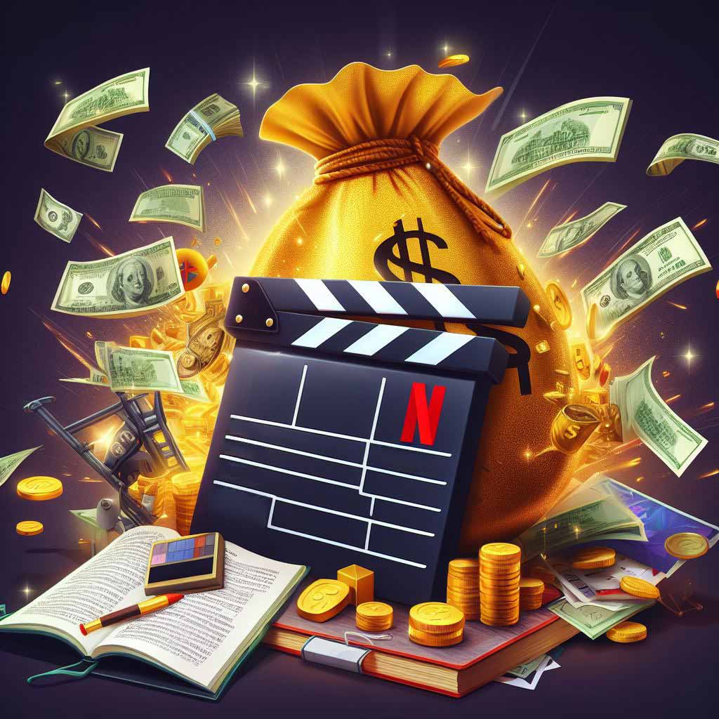 A movie director's clapboard with an attached golden money bag overflowing with stacks of $100 bills and scripts. Loose bills are flying through the air in the background behind the iconic Netflix logo, conveying the streaming service's massive payouts for original movie and TV scripts