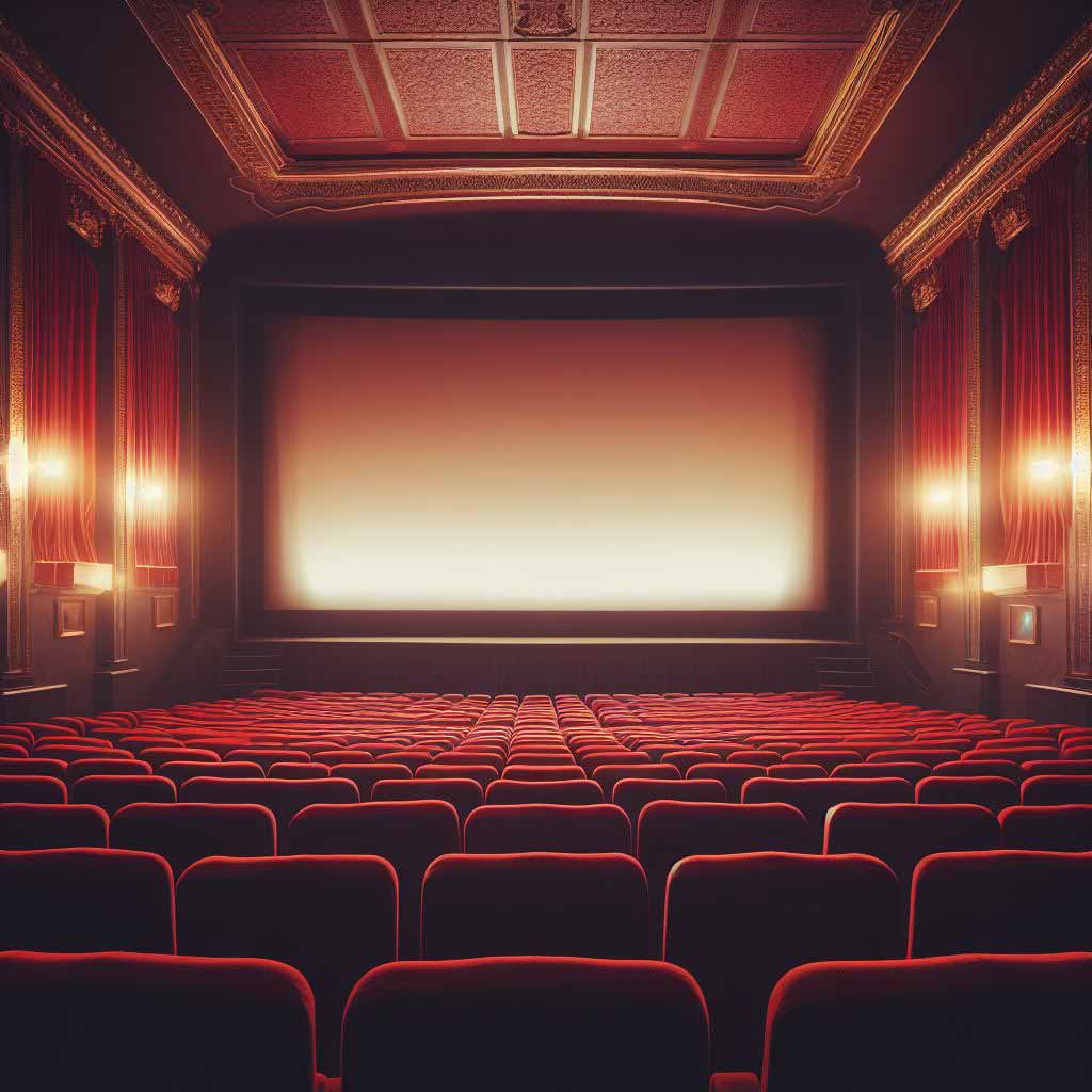 Red vintage movie theater seats facing an empty blank white screen