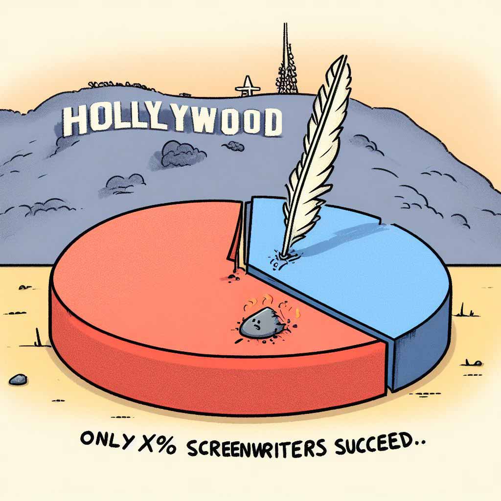 A cartoon pie chart with a tiny slice highlighted against a Hollywood background represents the low percentage of screenwriters who achieve success.