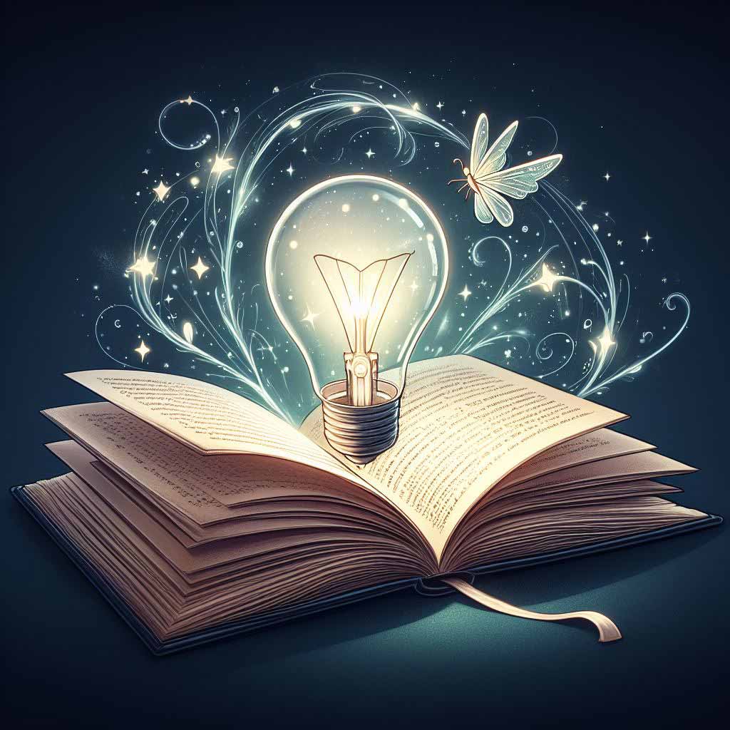 An open fairy tale book transforming into a glowing lightbulb.