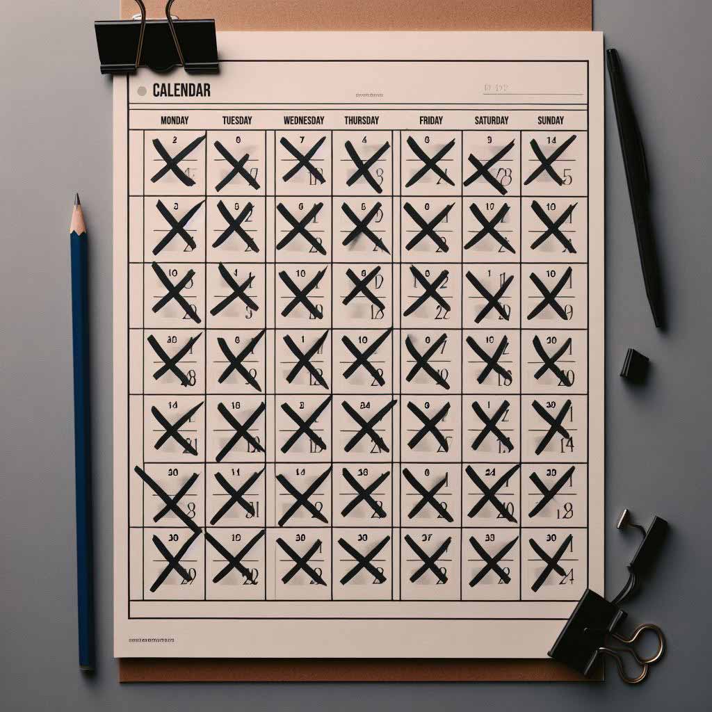 Overhead calendar page with X's crossed over consecutive dates represents perseverance over time.
