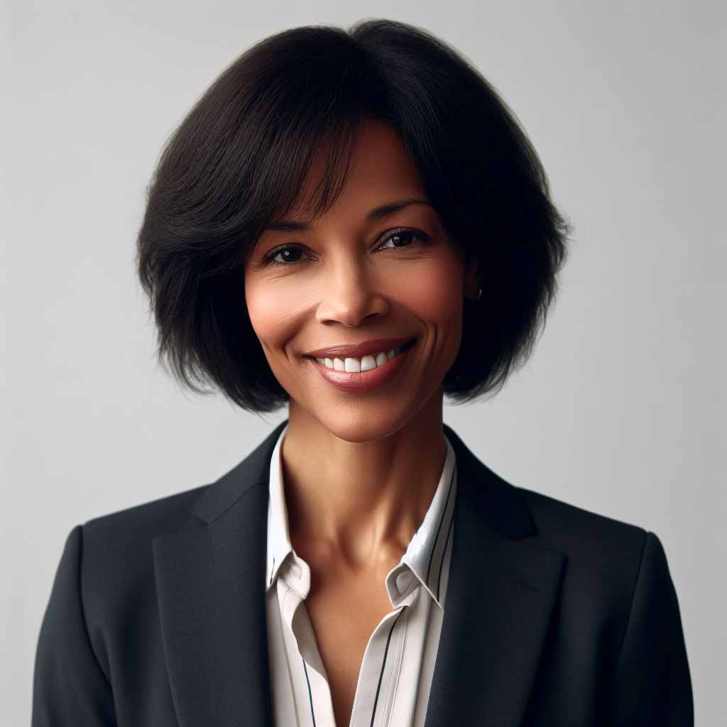 Close-up headshot of a female talent manager smiling directly at the camera. She has short black hair and wears a black suit jacket over a white dress shirt.