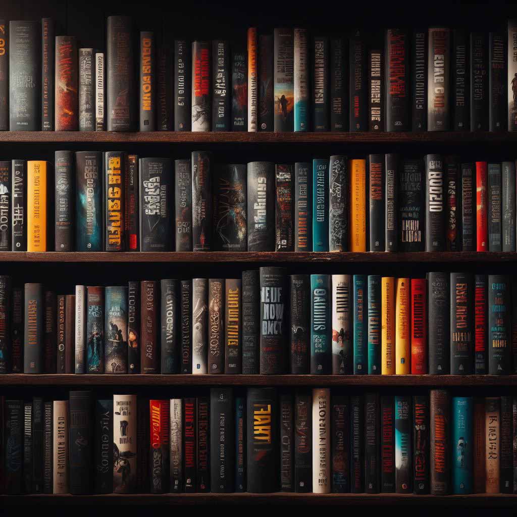 A series of paperback fiction bestsellers and novels lined up neatly on an old dark wood bookshelf signifying intellectual property with big screen adaptation potential.