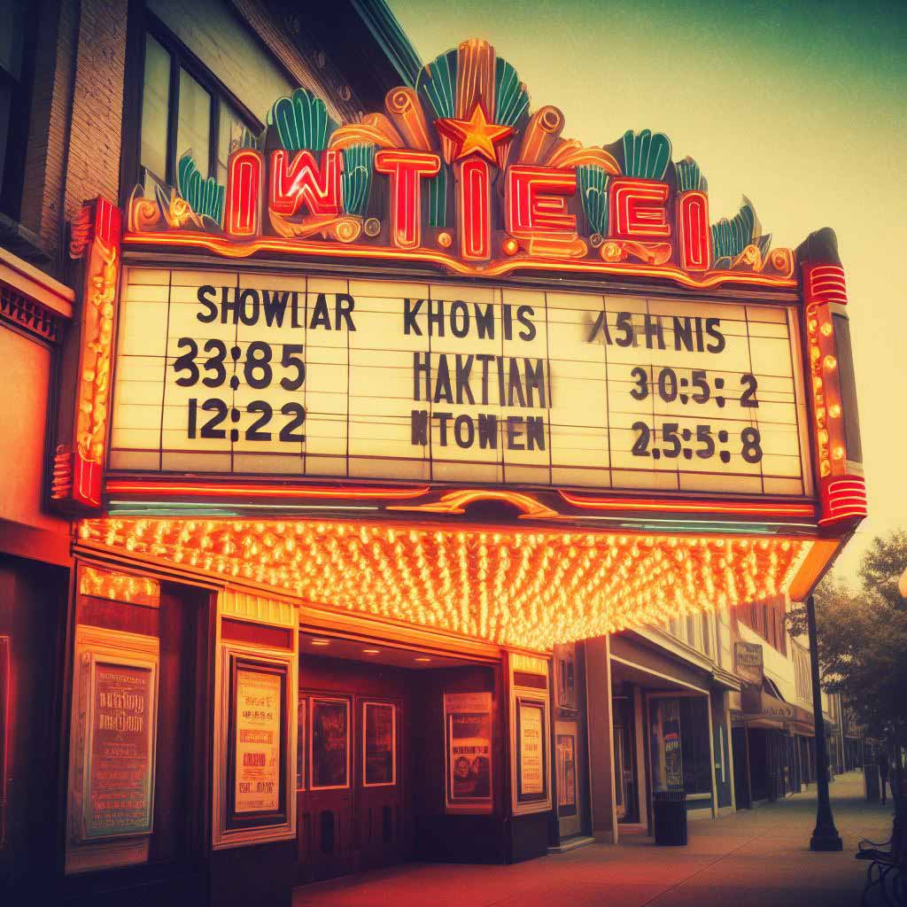 Vintage style movie theater marquee displaying multiple showtimes