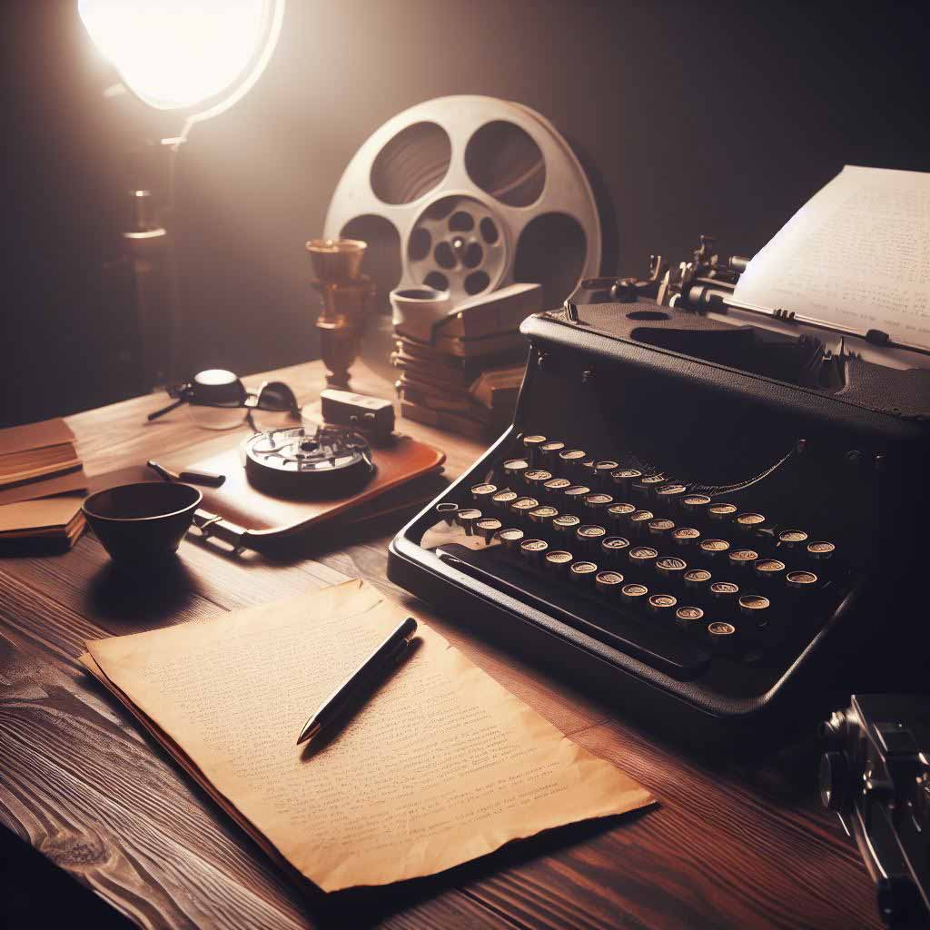 A screenplay sits on an old desk representing the role of the screenwriter writing the script.