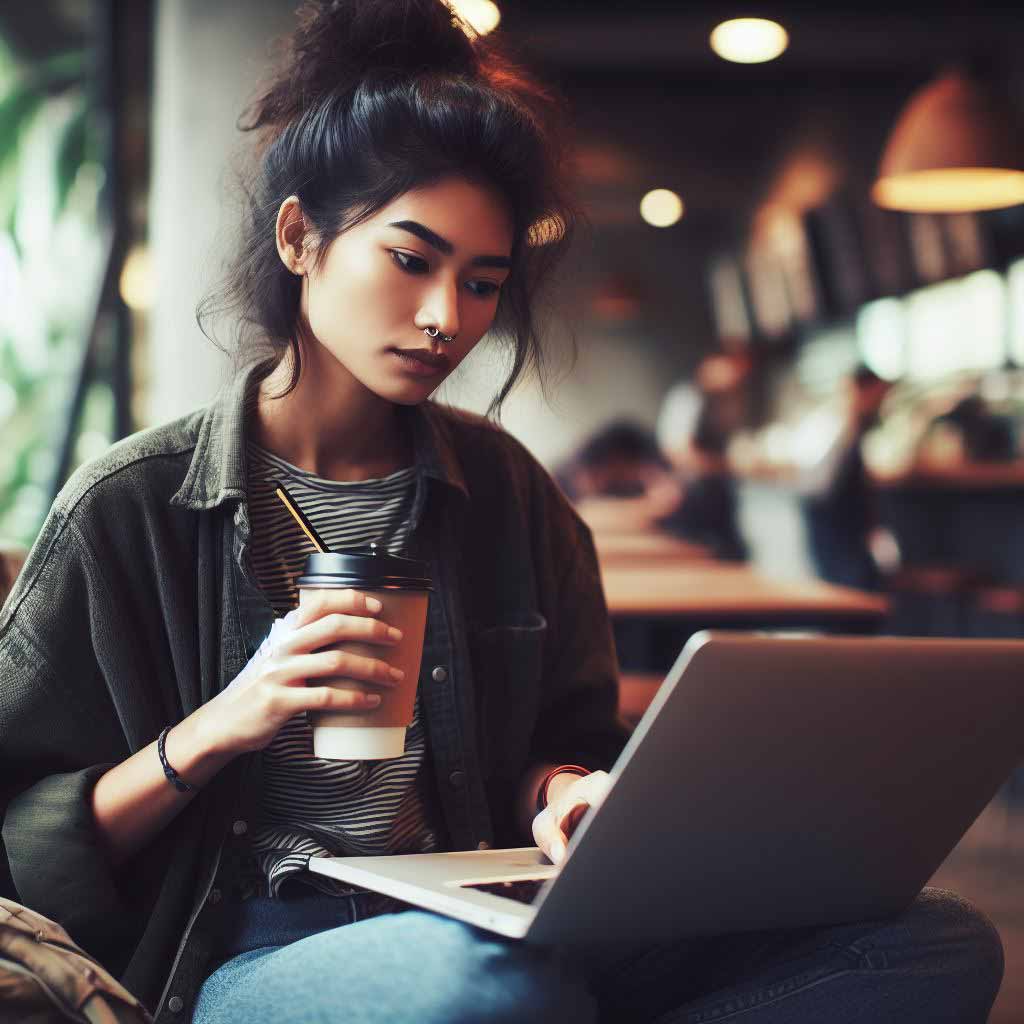 Hipster writer focused on laptop in trendy coffee shop