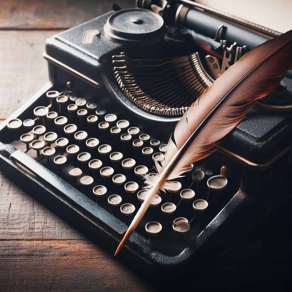 A classic typewriter collects dust on a wooden desk with a quill pen laying across it, representing the overlooked craft of screenwriting.