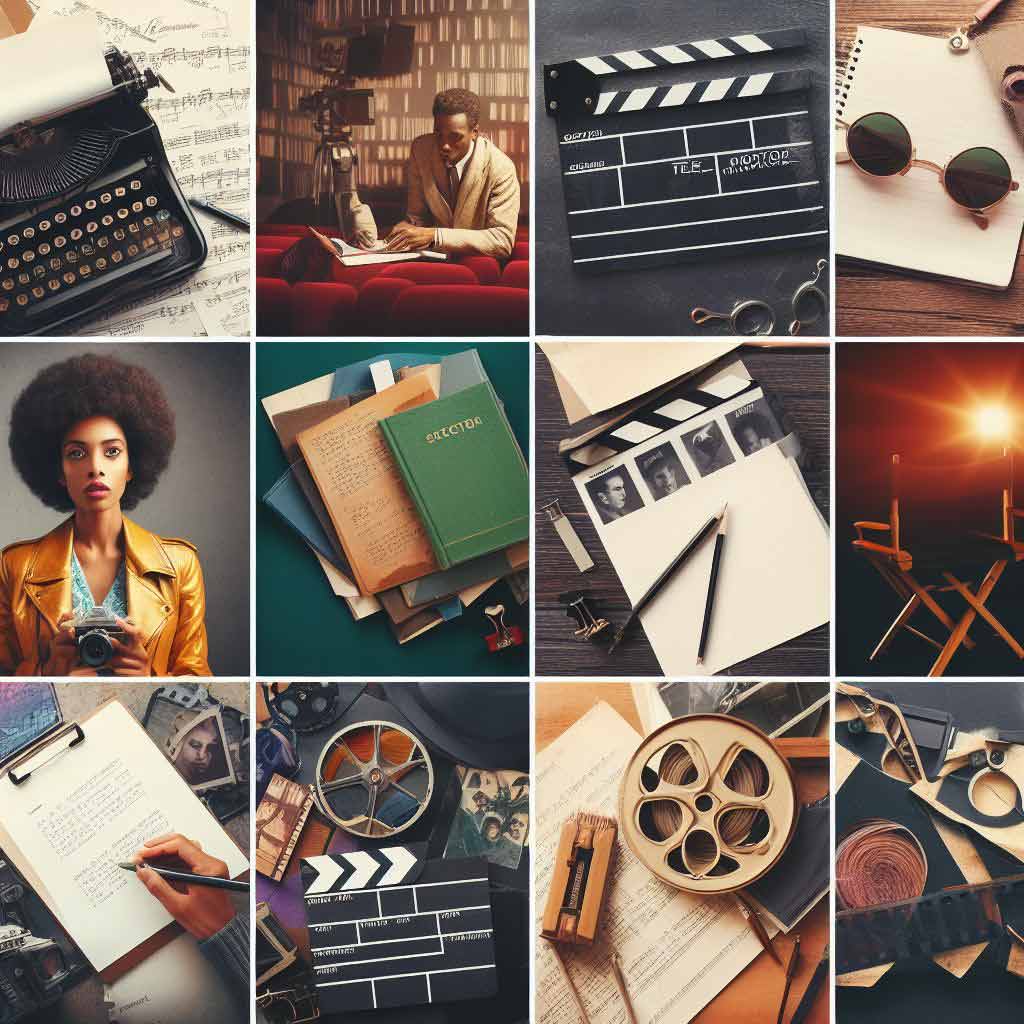 A colorful collage of typed movie scripts, clapperboard, director's chair, film reels, and other items related to the process of screenwriting for movies and television.