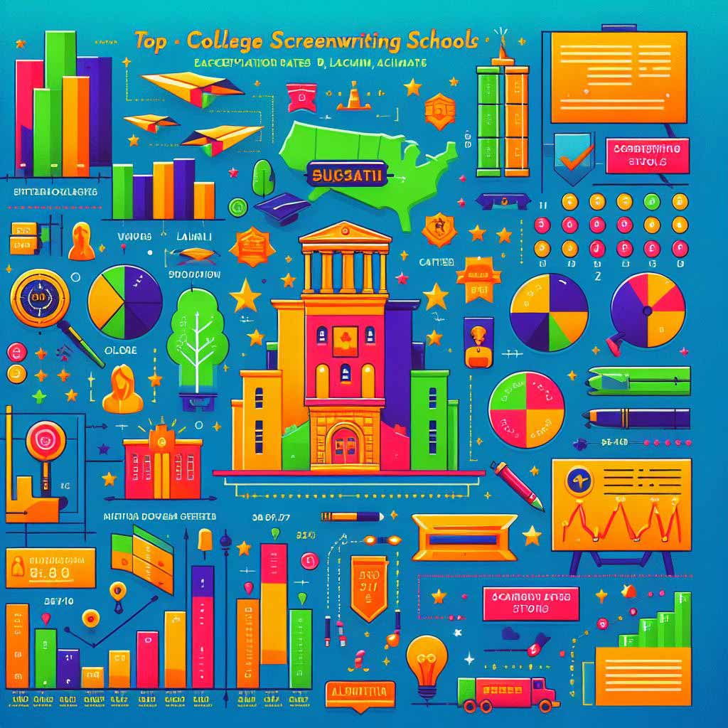 A vibrant infographic uses charts and icons to compare acceptance rates, rankings, locations, alumni and other vital statistics highlighting differences among prestigious university screenwriting programs.