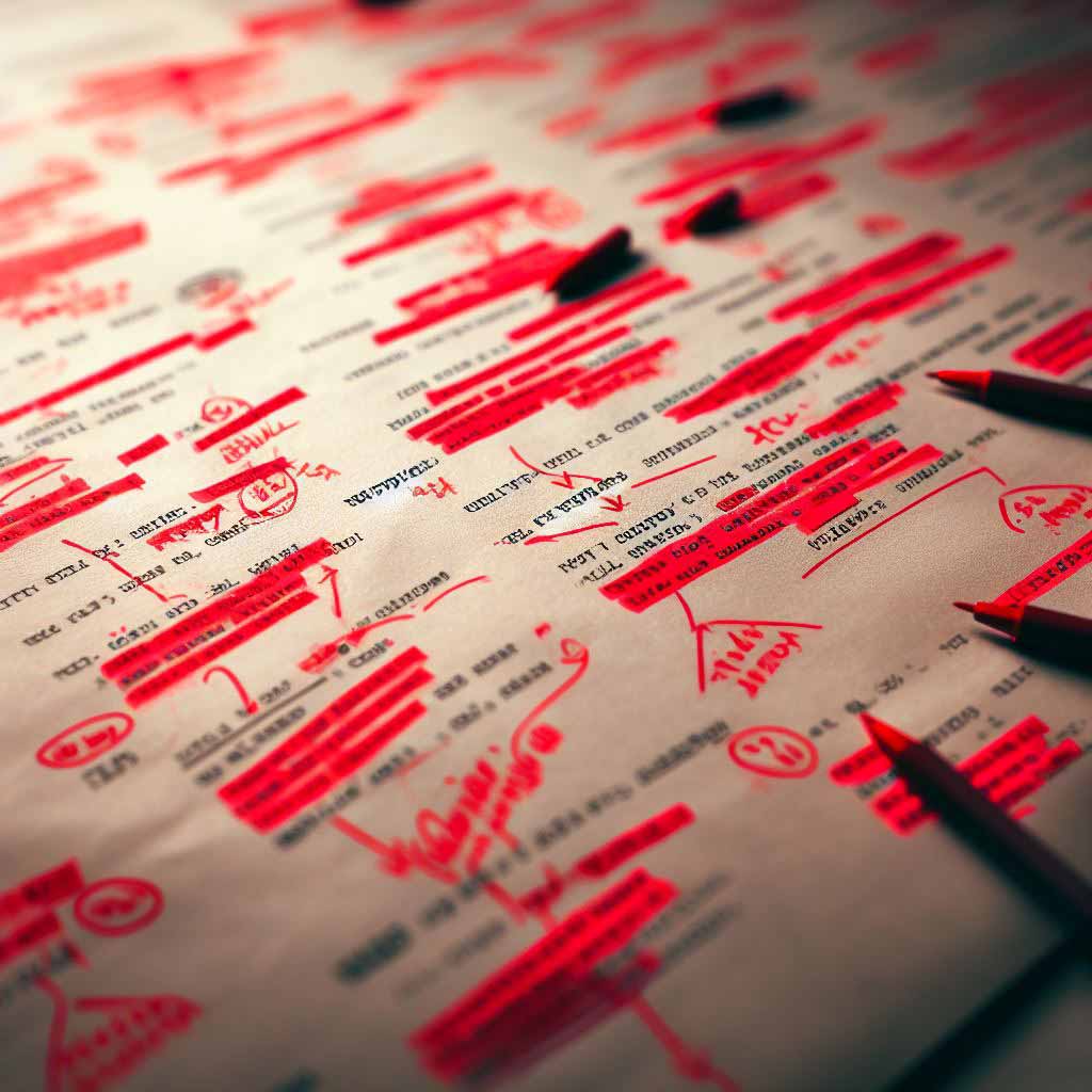 Up close layered edits on a movie spec script page with red pen markings and post-it note revisions throughout the dialogue and scene descriptions.