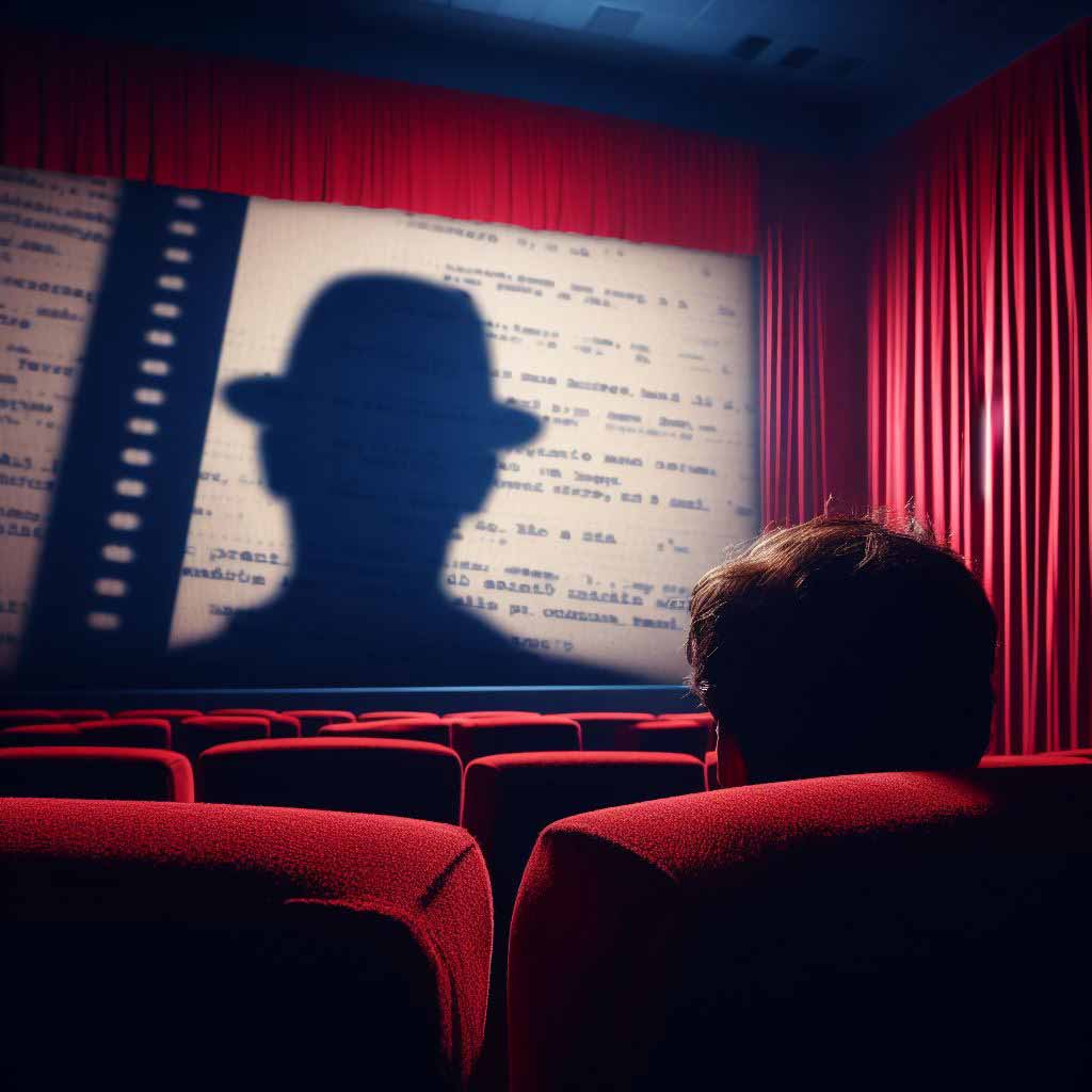 The silhouette of a moviegoer's head in a theater seat faces a big screen showing script pages rather than a movie, conveying the disconnect between screenwriters and the final cinematic experience.