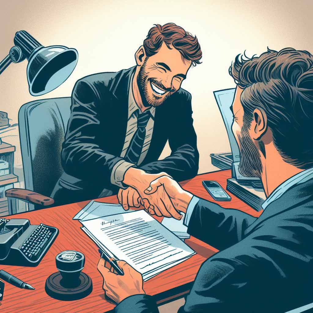 An illustrated screenwriter shakes hands with his agent after signing a contract.