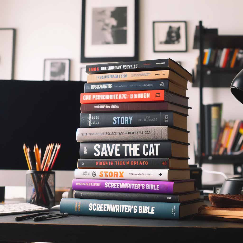 A stack of bestselling screenwriting books like Save the Cat by Blake Snyder and Story by Robert McKee. Relates to reading screenwriting books.