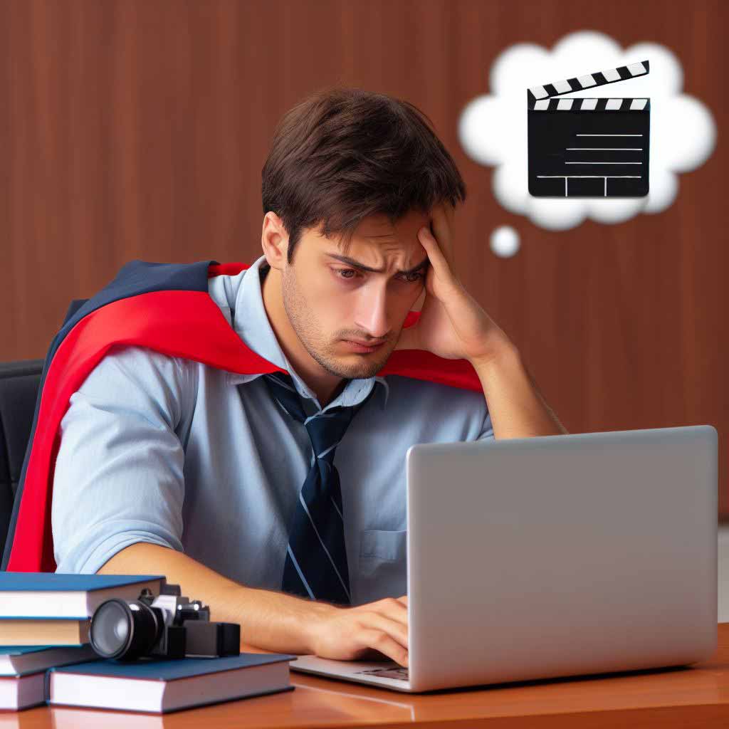 A college graduate with an English literature degree sits at a desk staring at their laptop looking stressed. Above the laptop is a thought bubble showing a film clapperboard on a movie set.