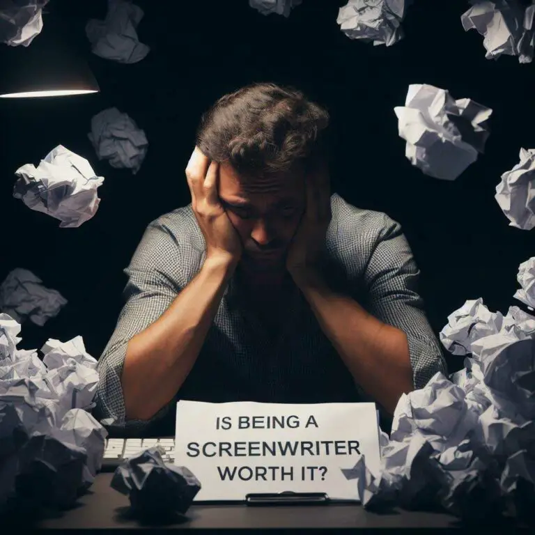 A stressed out and exhausted writer sits at a desk in a dark room surrounded by crumpled papers titled "Is Being A Screenwriter Worth It?". The only light source is the writer's laptop screen showing a script in progress, indicating the long and lonely hours screenwriters spend perfecting their craft. This evokes the struggle and uncertainty of pursuing a screenwriting career.