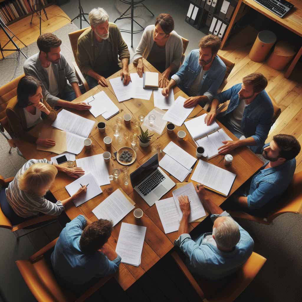 Top down view of a writers room table featuring scripts, notepads, pens and a team of comedy screenwriters actively contributing ideas in a creative collaboration meeting.