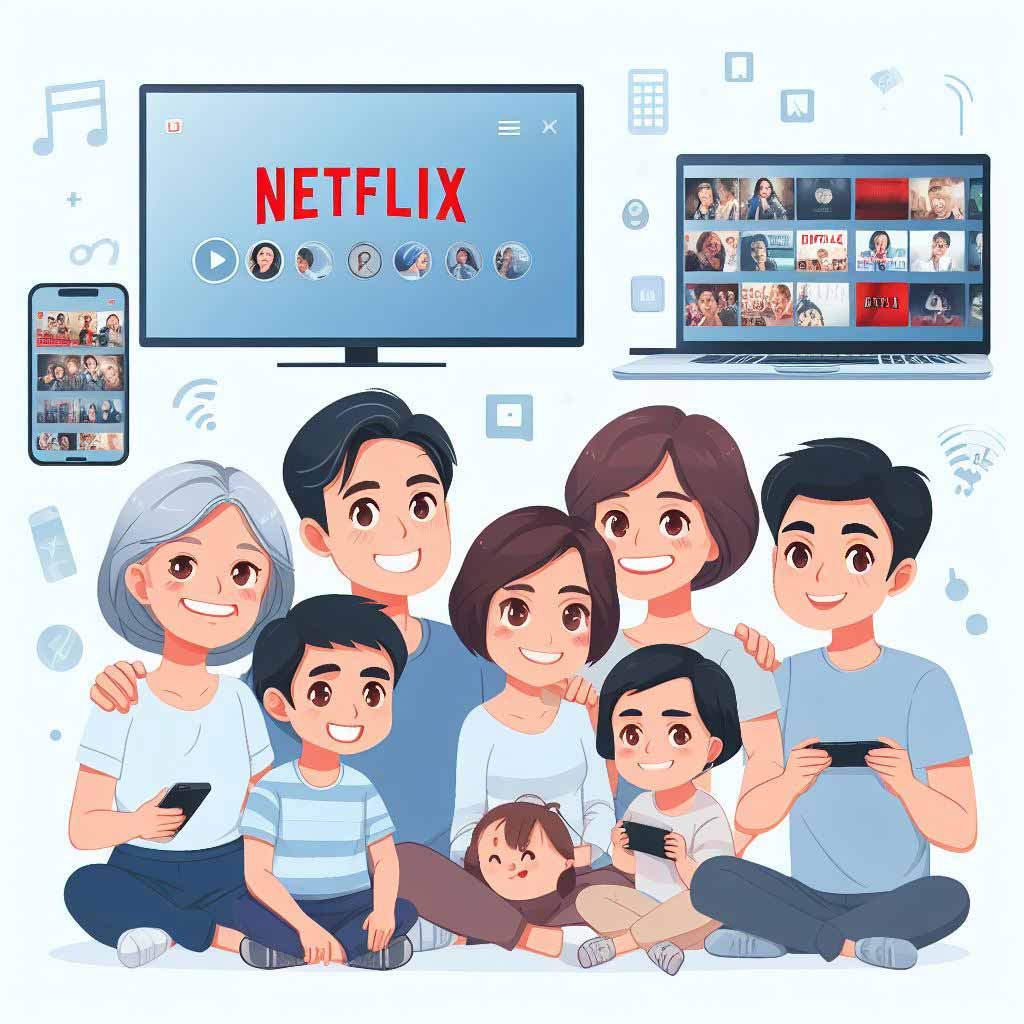 Colorful cartoon illustrations depicting diverse families watching and enjoying Netflix content together across phones, tablets, laptops and living room smart TVs.