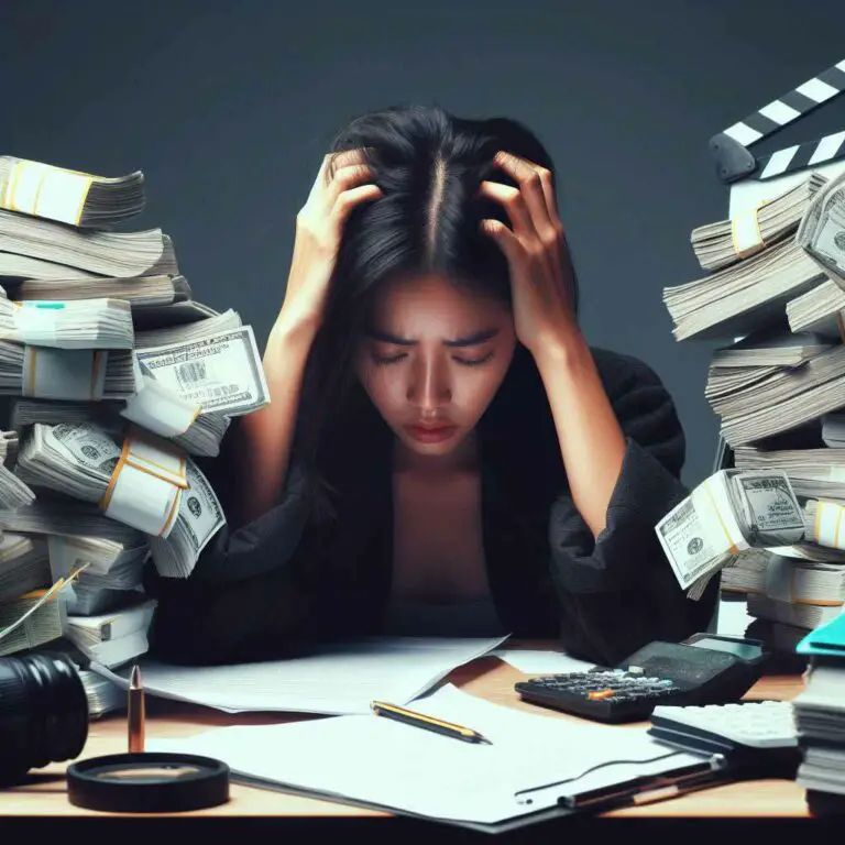 A stressed out film director sits at a cluttered desk with stacks of cash and piles of movie scripts, his head in his hands.