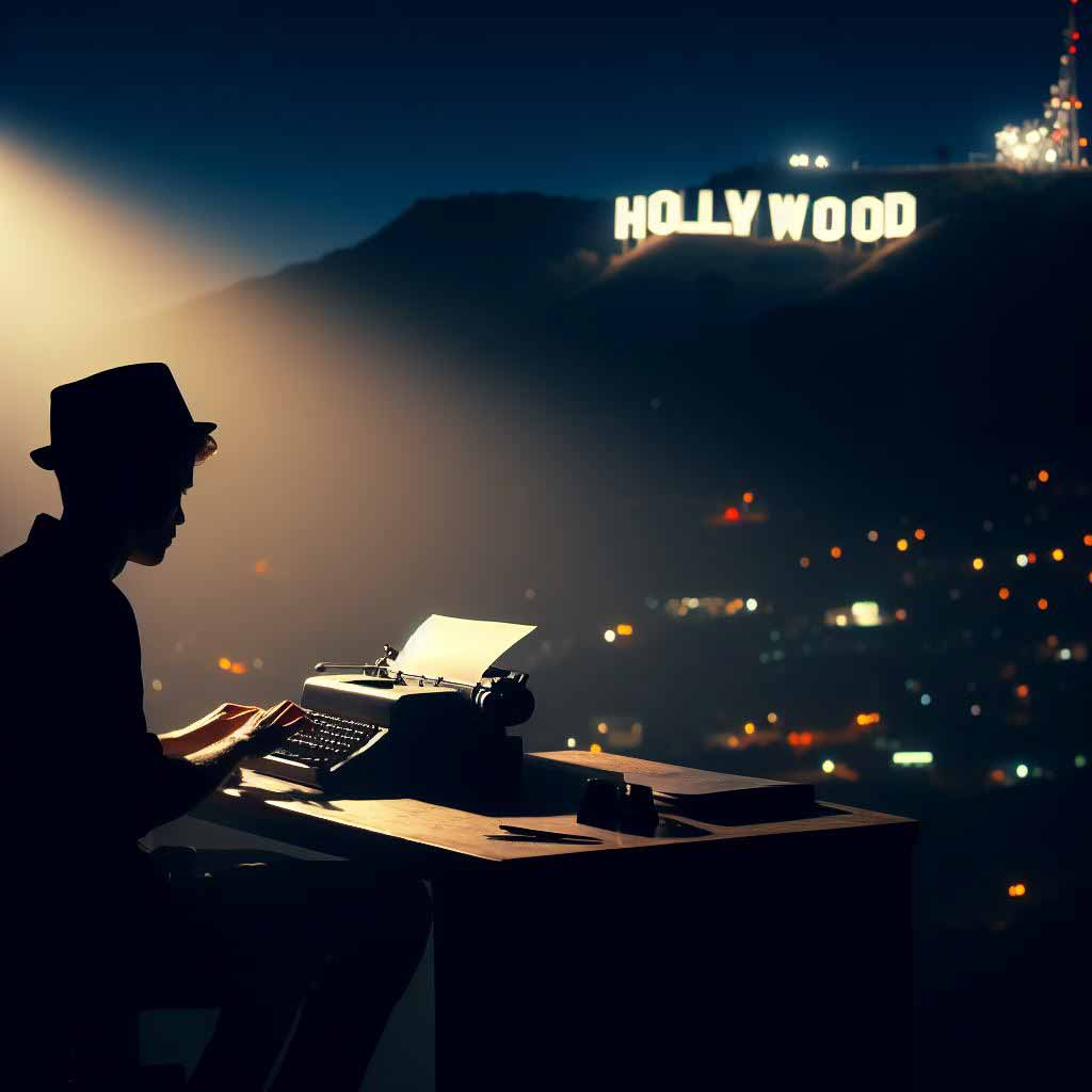 Silhouette of a writer with the Hollywood Sign in the background