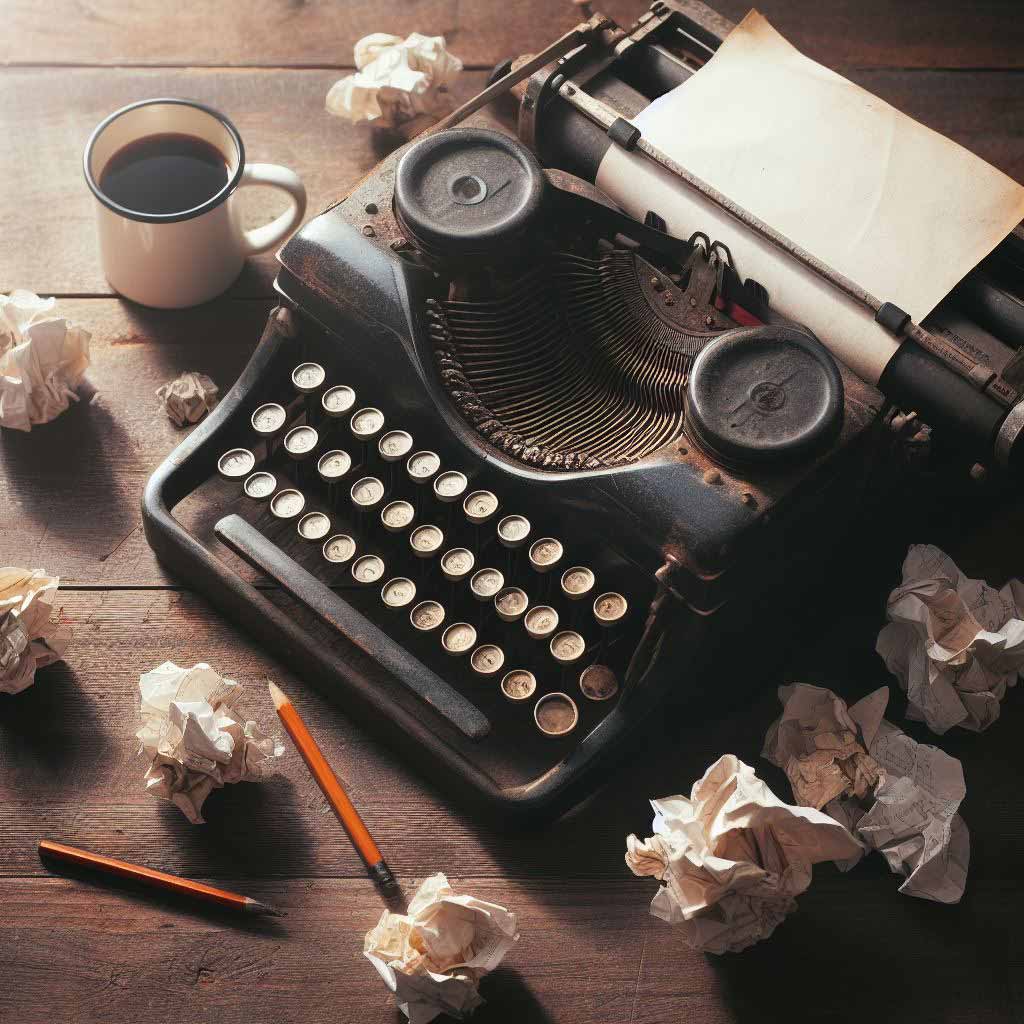 An old typewriter sits on a cluttered desk next to crumpled paper and a coffee mug, representing a screenwriter's hard work.