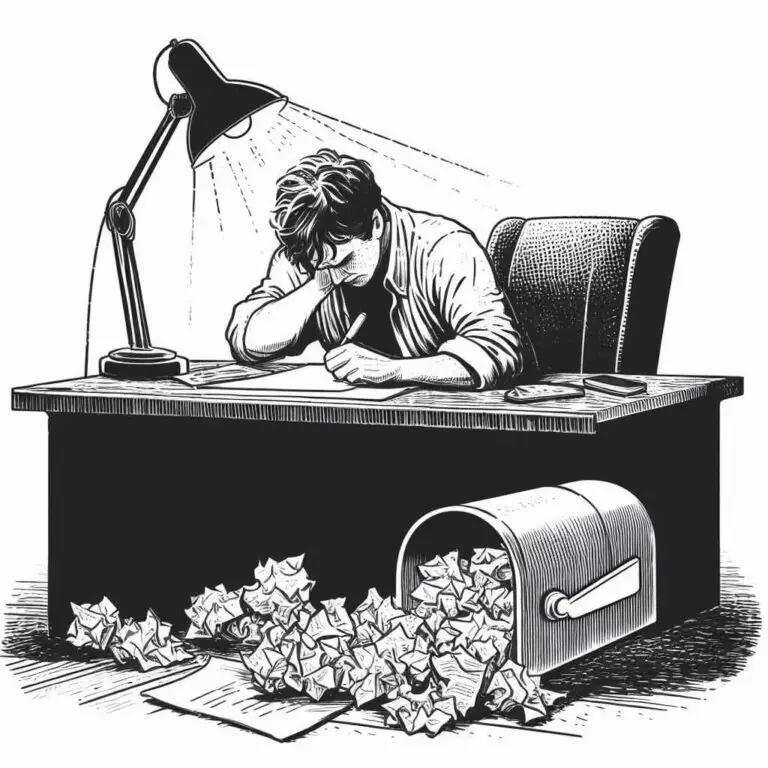 A frustrated screenwriter sits at a desk staring at a blank page in front of an overflowing mailbox and pile of rejected scripts on the floor. Black and white sketch art style.