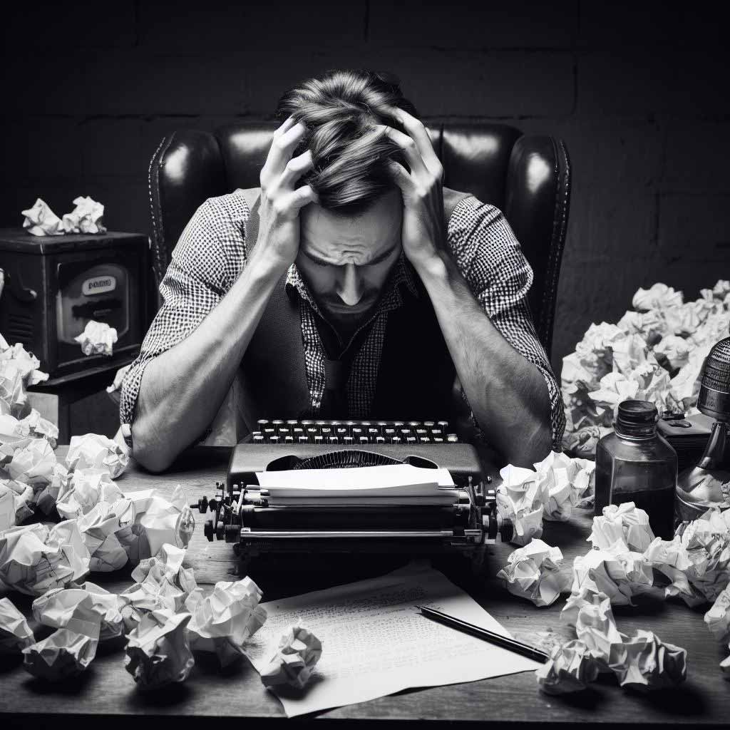 A black and white photo showing a stressed out man with glasses sitting at an old desk, typing on a typewriter. The desk is covered in crumpled up papers.
