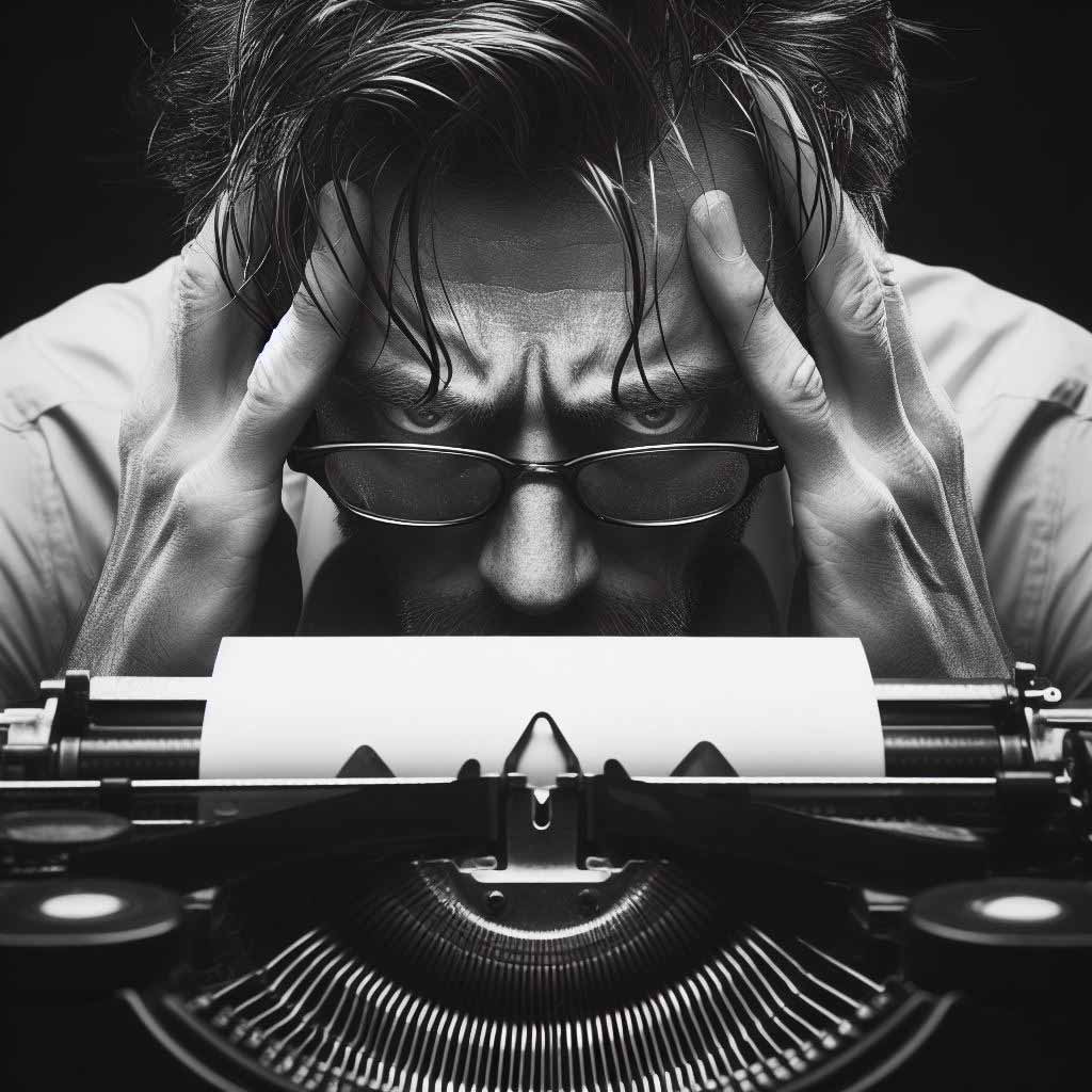 Black and white close up of a stressed writer suffering from writer's block staring at a blank page in an old typewriter