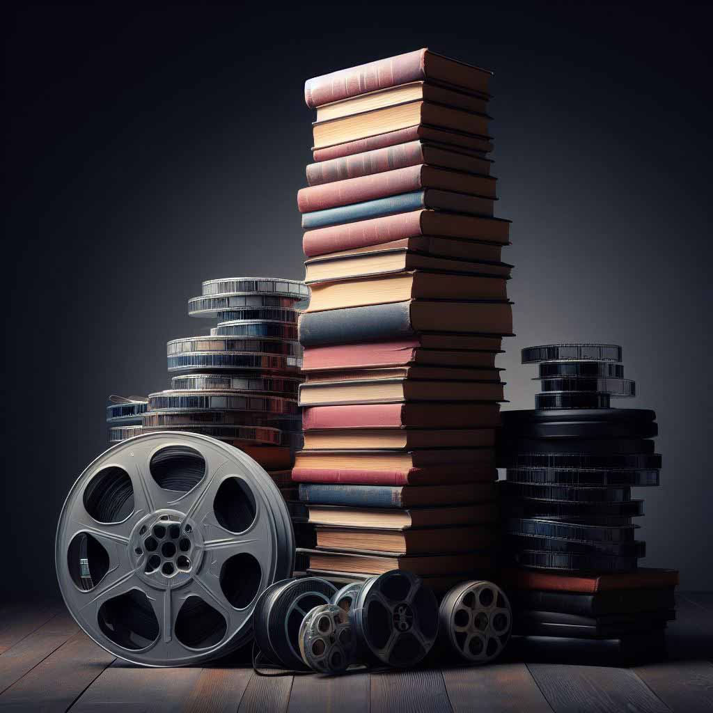 Left half shows 8 colorful hardcover books stacked neatly with titles visible. Right side shows film reels haphazardly piled with celluloid film unspooling from them.