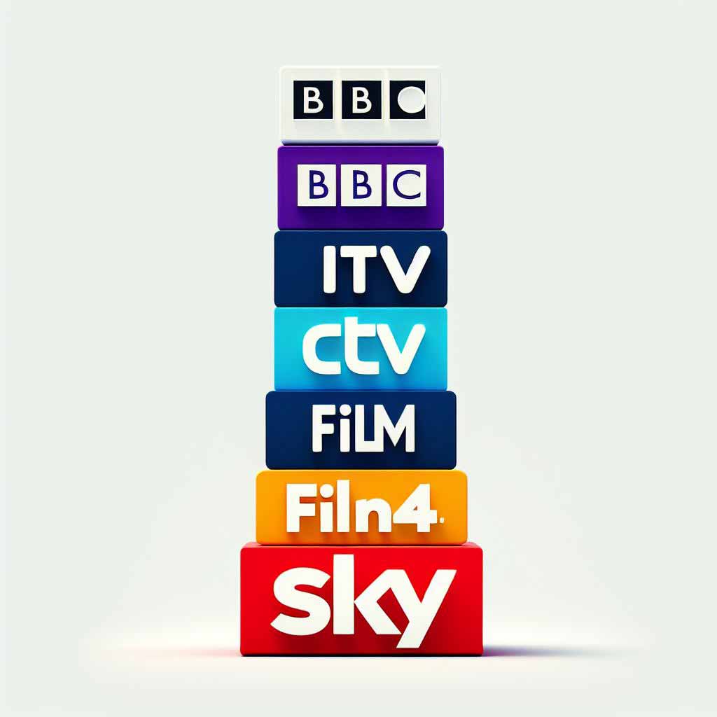 Stacked logos of the top UK broadcasters - BBC, ITV, Channel 4, Film4, Sky.