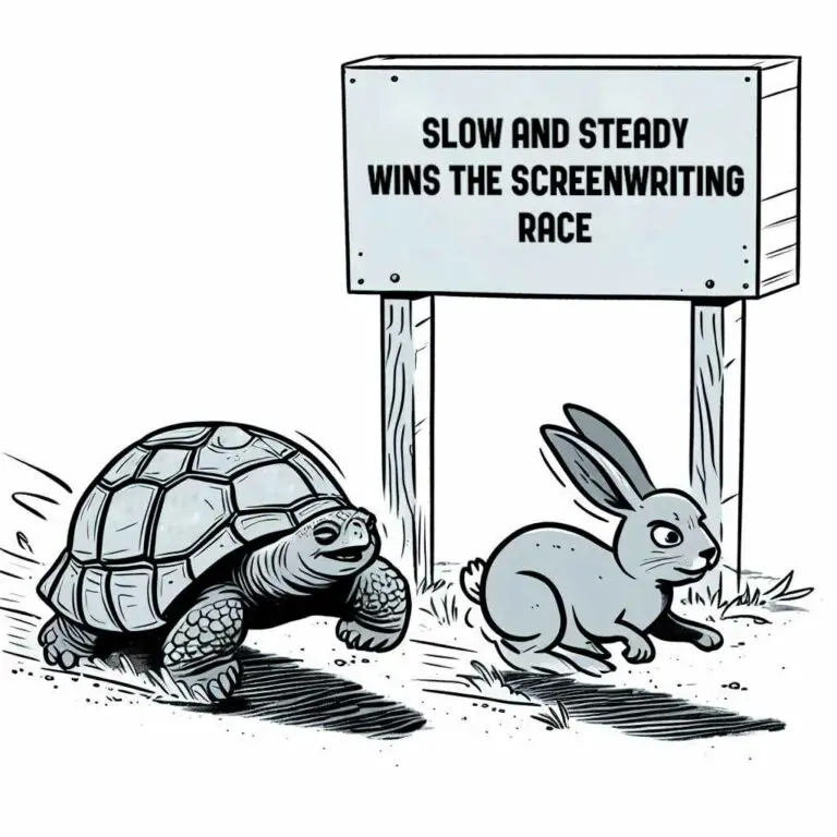 A tortoise and hare racing neck and neck, with the tortoise passing a sign marking 10 years while the hare struggles behind. The image relates to perseverance needed to achieve the goal of becoming a professional screenwriter.