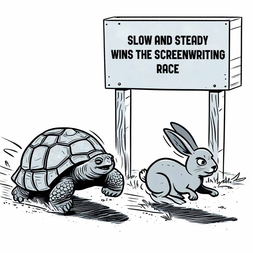 A tortoise and hare racing neck and neck, with the tortoise passing a sign marking 10 years while the hare struggles behind. The image relates to perseverance needed to achieve the goal of becoming a professional screenwriter.