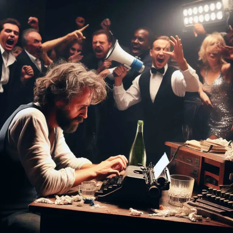 A disheveled screenwriter sits at a cluttered desk in dim lighting, furiously typing on an old typewriter. Behind him a loud party rages with a movie director yelling into a megaphone while famous actors laugh and sip champagne. The contrast shows the screenwriter forgotten and uncelebrated in the hectic Hollywood system.